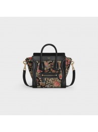 CELINE NANO LUGGAGE BAG IN FLORAL JACQUARD AND CALFSKIN 189242 BLACK Tl4826tL32