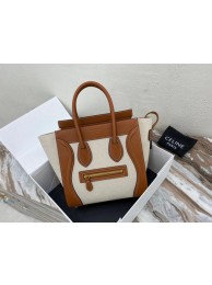 Fake CELINE MICRO LUGGAGE HANDBAG IN TEXTILE AND CALFSKIN 167793 TAN&WHITE Tl4830kw88