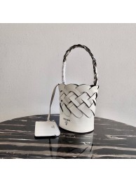 Hot Prada Original Leather Woven Pattern Bucket Bag 1BG049 White Tl6095cT87