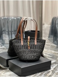 SAINT LAUREN PANIER SMALL BAG IN CROCHET RAFFIA AND SMOOTH LEATHER 685618 black Tl14391vm49