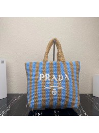 Replica Prada Raffia Tote Bag Blue Fake At Cheap Price